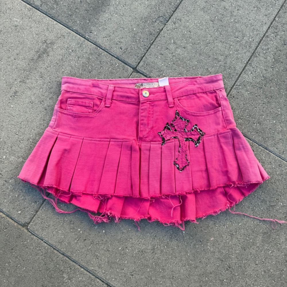 Watch LA Jeans Pink Denim Mini Skirt Y2K Pleated Cross Leopard Print LPT4180